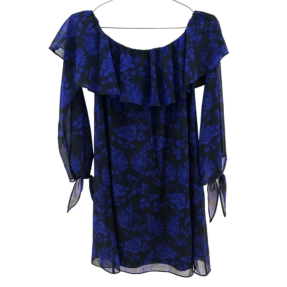 NWT • SAM EDELMAN Blue Rose Sheer Floral Ruffle Neck Dress • 4 • black,‎ blue